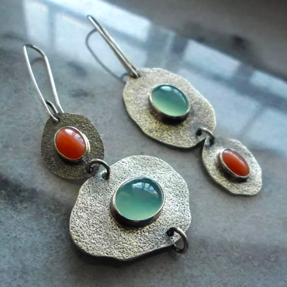 Handcrafted Silver Drop Earrings with Blue-Green and Orange Cabochons